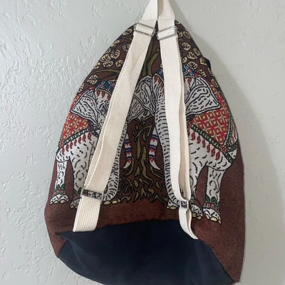 Embroidered Elephant and Tree Cotton Drawstring Backpack, 